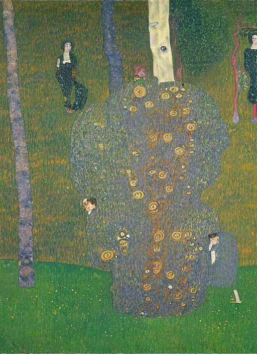 Image similar to a landscape painting of a cognitive optical illusion of trees, with four people in the foreground making extreme dynamic poses painted by gustav klimt