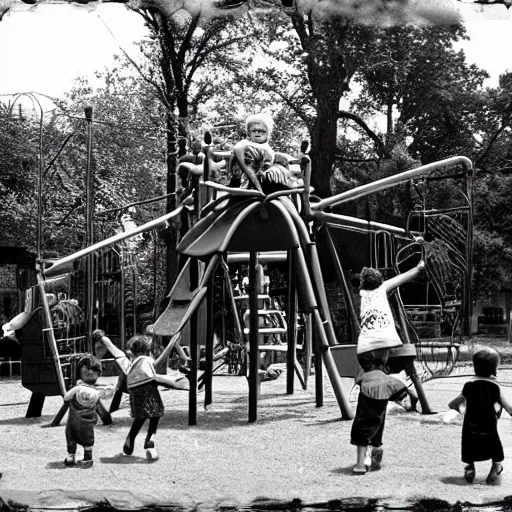 Prompt: vintage black and white photograph of children at a playground with giant war-mech