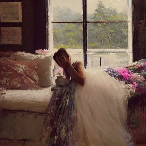 Prompt: sleeping thick paint brush strokes full body fashion model smiling emma watson by Jeremy Lipking by Hasui Kawase by Richard Schmid (((smokey eyes makeup eye shadow fantasy, glow, shimmer as victorian woman in a long white frilly lace dress and a large white hat having tea in a sunroom filled with flowers, roses and lush fern flowers ,intricate, night, highly detailed, dramatic lighting))) , high quality