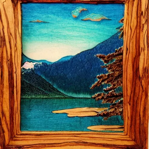 Image similar to lake surrounded by mountains (very beautiful, dreamy, poetic, melancholy ) :: pyrography