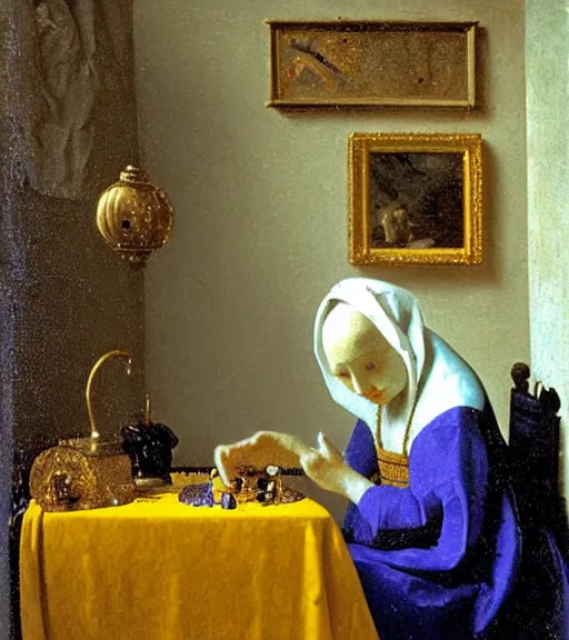 Image similar to portrait of a fortune teller automata by Vermeer