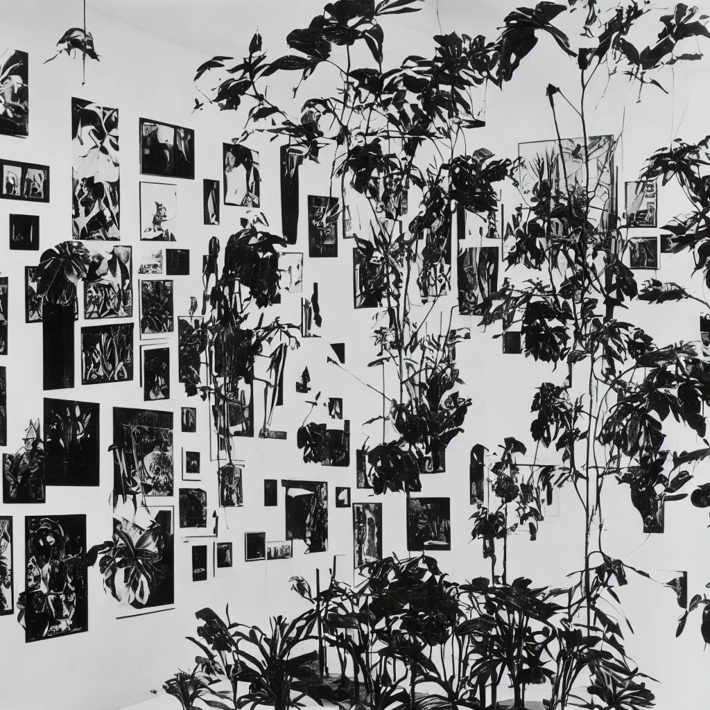 Prompt: A black and white photography of an exhibition space with works of Sun Ra, Marcel Duchamp and tropical plants, 60s, offset lithography print