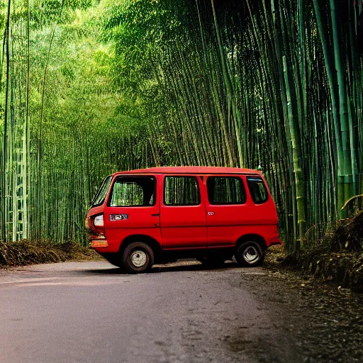 Image similar to a red daihatsu delta truck parked in the apex of a curve with the road surrounded by a canopy of bamboo trees, the shadows of the leaves are proyected onto the road photographed with a nikon f 3 camera and a 3 5 mm f / 4 lens using portra 4 0 0 film stock