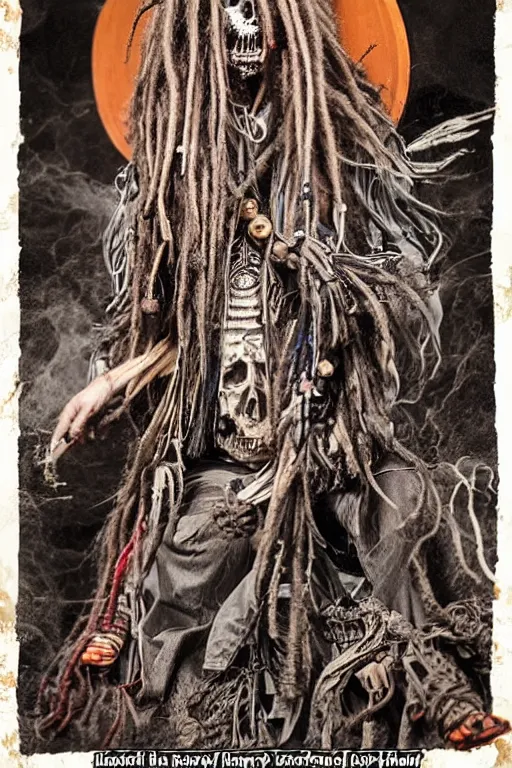 Image similar to a horror shaman with dreadlocks in sacrament of death and destruction