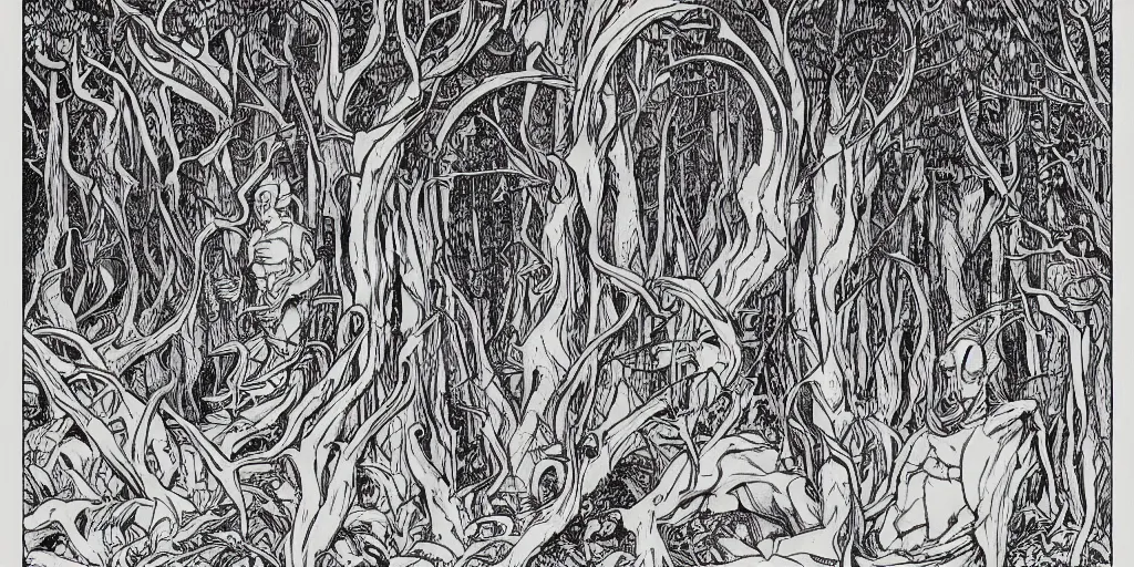 Image similar to detailed illustration of a of a monster in an ornate forest by moebius