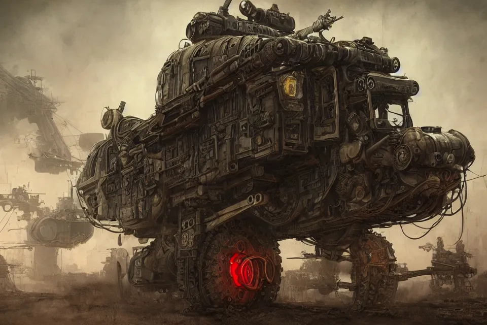 Prompt: steampunk style military vehicle with guns, red neon lights, by HR Giger and Beksiński and Stephan Martiniere , 4k resolution, detailed, trending on artstation