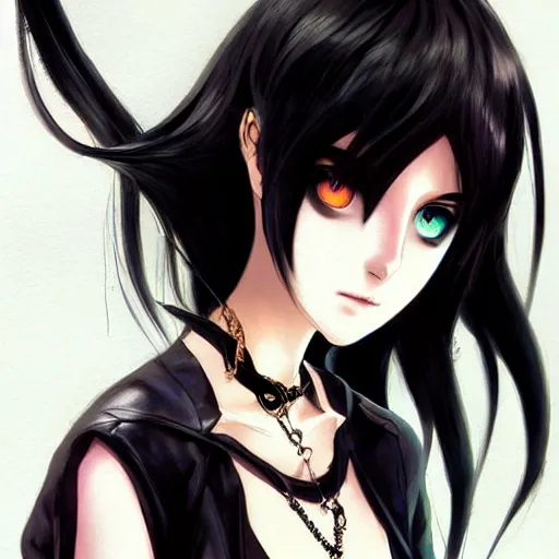 Image similar to young gothic anime woman with black hair and golden highlights, wearing a black necklace and with pretty makeup, drawn by WLOP, by Avetetsuya Studios, anime drawing, trending on artstation