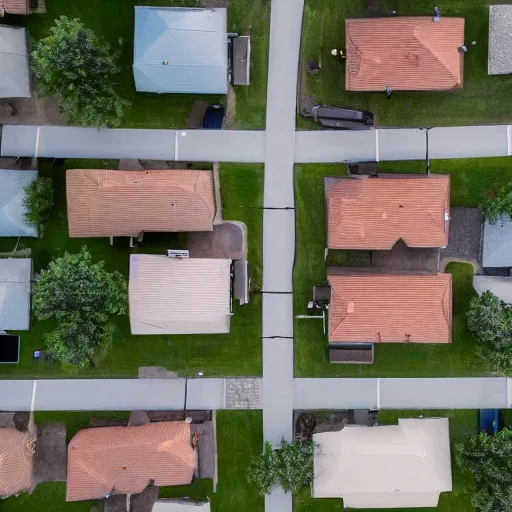 Prompt: drone view of a neighborhood consisting of the same house repeating itself