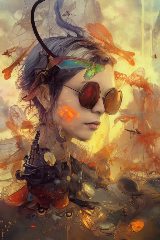 Prompt: surreal gouache painting, by yoshitaka amano, by ruan jia, by Conrad roset, by good smile company, detailed anime 3d render of big transparent amber stone with a magical electric dragonfly inside the amber. amber stone on the Dj mixer portrait, cgsociety, artstation, rococo mechanical and Digital and electronic, dieselpunk atmosphere