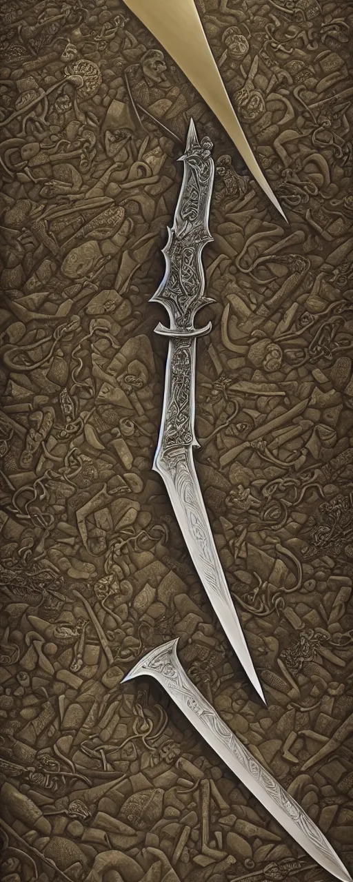 Prompt: sword of justice laying in the sand, ornate gem in golden pommel, engraved blade, serrated point, herringbone floor, low angle, greg rukowski, boris vallejo, highly detailed, intricate, focus, smooth, cinematic