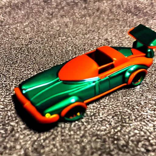 Image similar to 3 5 mm photo of metallic green and orange aquaman car like hot wheels model with a atlantis as background, epic cinematic, epic lighting