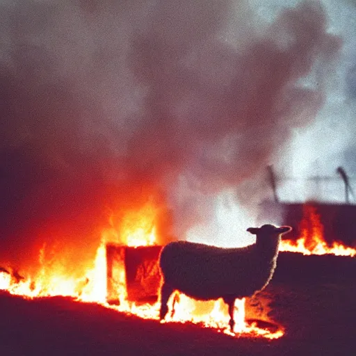 Prompt: sheep in a burning room on fire, cinestill 800t 50mm, photography, furniture on fire