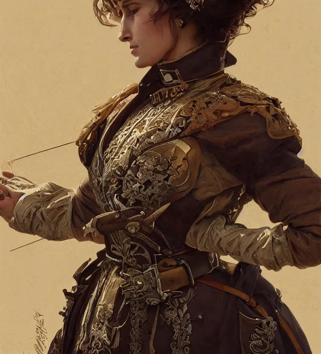 Prompt: portrait of a sardinian woman wearing a traditional nineteenth century kingdom of sardinia military jacket, metal shoulder pauldrons, intricate, highly detailed, digital painting, artstation, concept art, sharp focus, cinematic lighting, illustration, art by artgerm and greg rutkowski, alphonse mucha, cgsociety