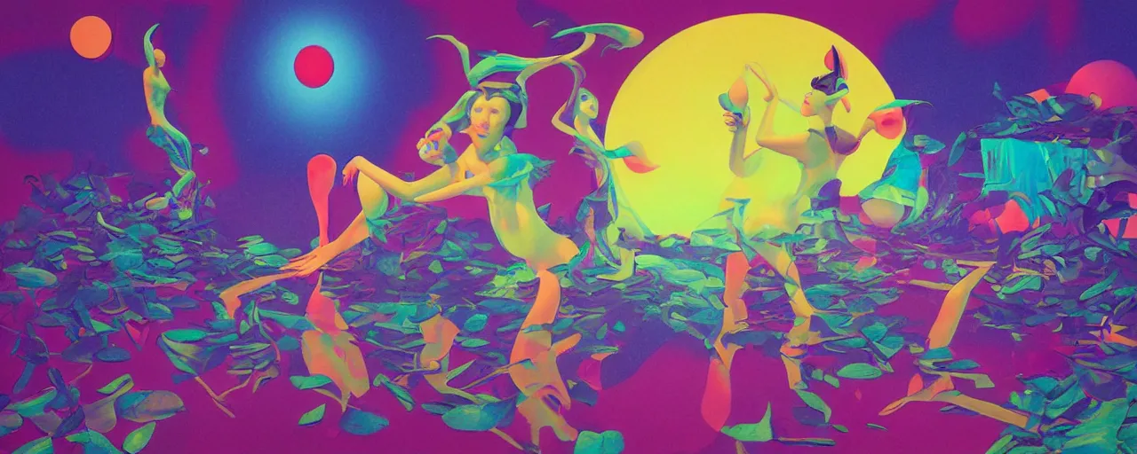 Image similar to musical goddess performing in Misono Universe, surrealist psychedelic collage painting in the style of Magritte, Roger Dean, Yoshio Awazu, 3d render, artstation trending, muted deep neon color