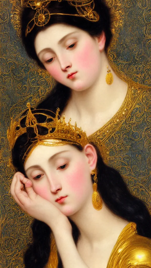 Image similar to painting portrait of a beautiful black haired woman with pale skin and a crown on her head sitted on an intricate metal throne, intricate, elegant, digital painting, smooth, sharp focus, shiny gold, realistic gold, realistic metal, by william - adolphe bouguereau and gustav klimt,