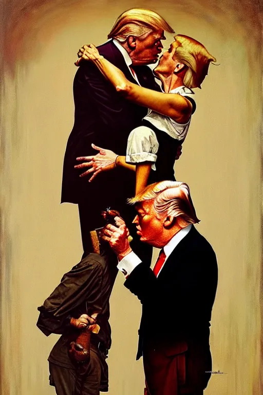 Prompt: norman rockwell painting of donald trump kissing himself donald trump, by anna podedworna, bayard wu, greg rutkowski