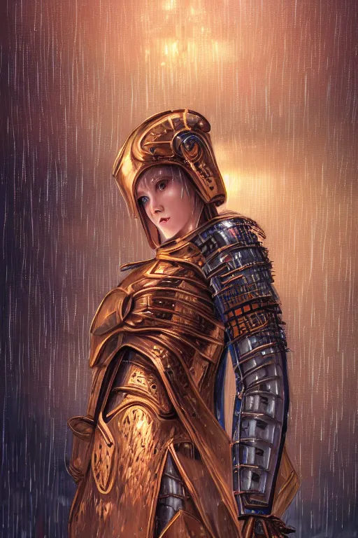 Image similar to portrait holy and divine young knights of Zodiac girl, golden and copper knight armor, in futuristic heavily raindrop tokyo rooftop cyberpunk night, ssci-fi, fantasy, intricate, very very beautiful, elegant, neon light, highly detailed, digital painting, concept art, human anatomy, soft light, hdri, smooth, sharp focus, illustration, art by tian zi and craig mullins and WLOP and alphonse mucha