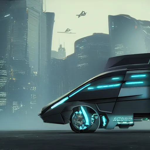 Image similar to cyberpunk alien concept of the a - team van with a pair of wings flying trough the sky, futuristic look, highly detailed body, very powerful, photorealistic camera shot, crisp quality and light reflections, unreal engine 5 quality render