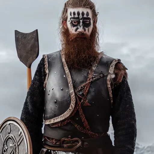 Prompt: viking in black body armour with white and black face painting, extremely detailed image from a film