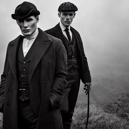 Prompt: medium long shot, 3 / 4 shot, full body picture of cillian murphy and tom hardy posing, sharp eyes, serious expressions, detailed and symmetric faces, in the style of peaky blinders, detailed, black and white, misty woods, epic photo by talented photographer ansel adams