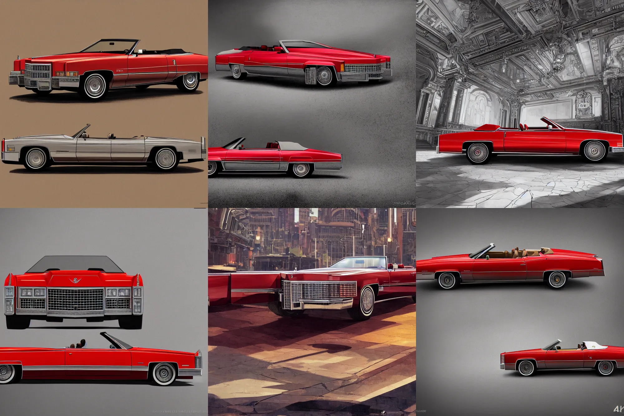 Prompt: centered symmetrical picture, one single red 1975 cadillac eldorado convertible car as a grand theft auto 5 loading screen, symmetry, front view, centered composition, intricate, studio, symmetry art by anthony macbain + greg rutkowski + alphonse mucha, concept art, 4k, sharp focus