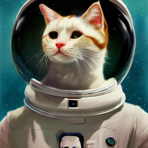 Image similar to head and shoulders masterpiece portrait of a cute adorable cat wearing a spacesuit, surreal background, digital art by krenz cushart, trending on artstation, cgsociety,