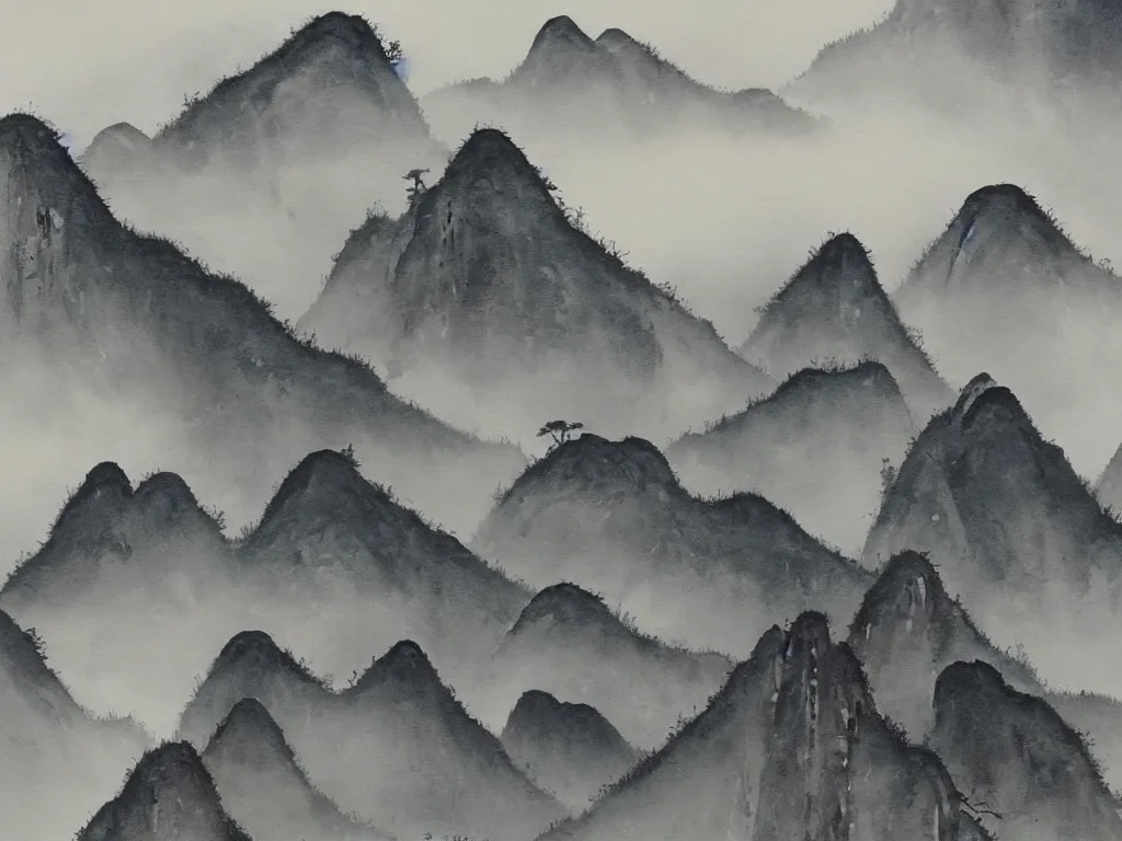 Prompt: a beautiful black watercolor painting of the mountainous landscape of huangshan with buddisht and taoist temples on hilltops on a rainy day