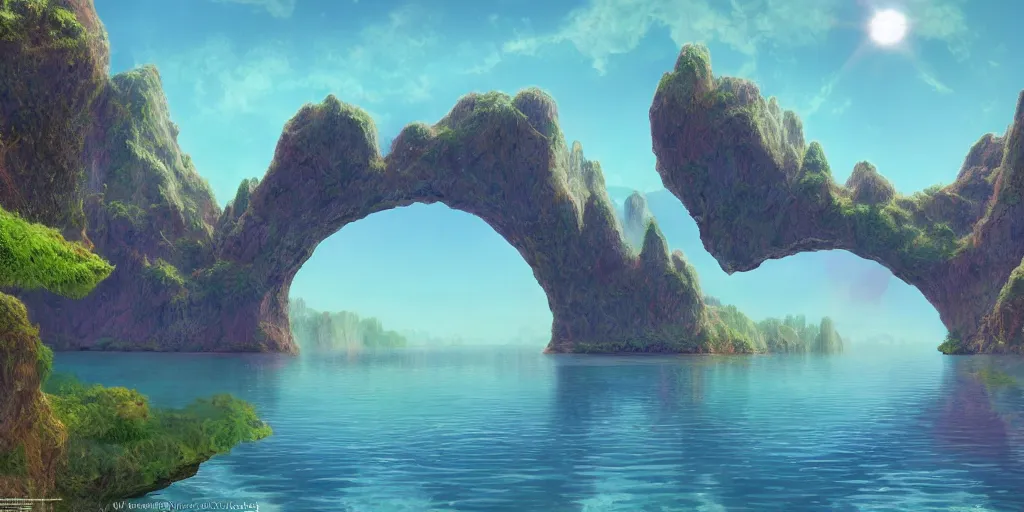 Image similar to crystal arches, over a quiet splendid lake, summer, morning, beautiful matte painting of a science-fiction planet, Moebius, Roger Dean, Artstation, Artstation, Artstation