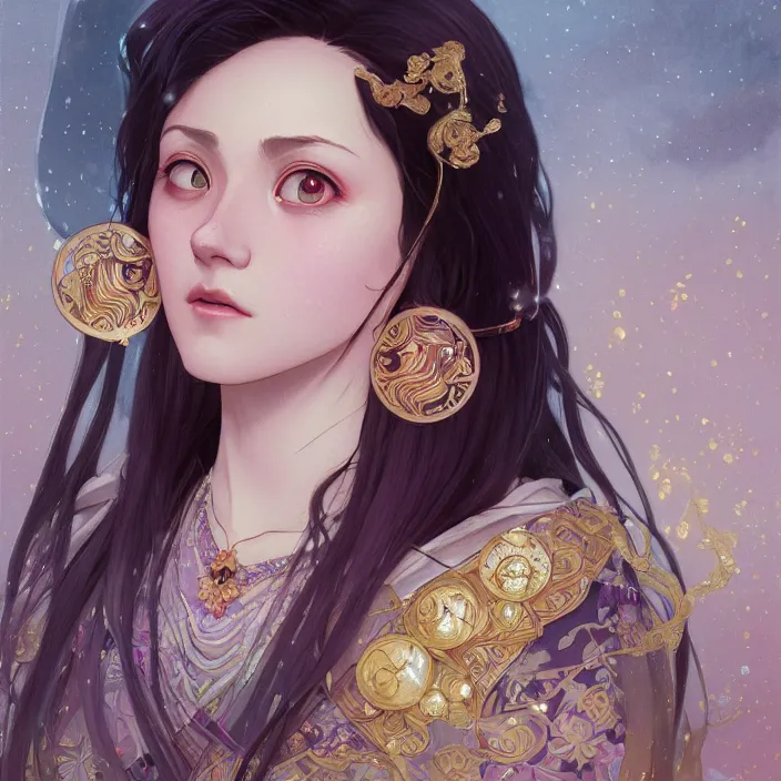 Image similar to kamado nezuko with sparkling eyes, closed up portrait, highly detailed, gold filigree, fantasy, soft cinematic lighting, award, disney concept art, watercolor illustration by mandy jurgens and alphonse mucha and alena aenami, pastel color palette, featured on artstation
