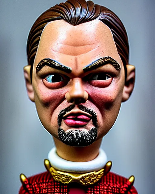 Image similar to highly detailed closeup, face profile portrait of a tin toy leonardo dicaprio as a medieval goblin eating cakes in a castle, hyper realistic, artstation, illustration, nicoletta ceccoli, mark ryden, lostfish, dan decarlo, bob clampett, max fleischer, digital paint, matte paint, vivid colors, detailed and intricate environment