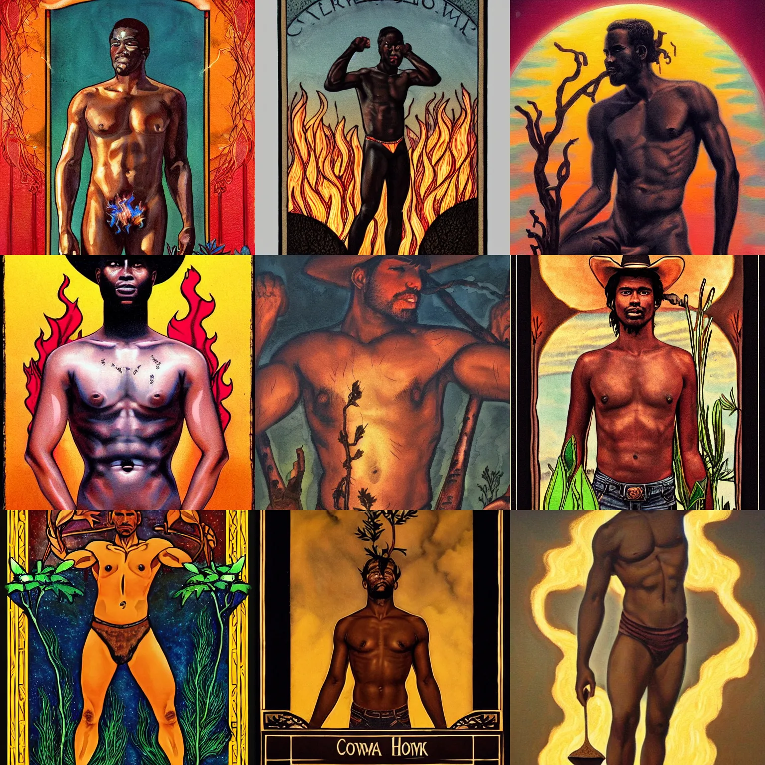 Prompt: a beautiful dramatic epic symmetrical painting of a shirtless cowboy with dark skin cupping a sapling in his hands | background is a wash of flames | tarot card, art deco, art nouveau | by Mark Maggiori | trending on artstation