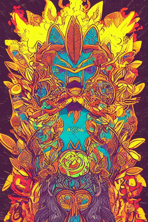 Image similar to animal mask totem roots flower tribal feather gemstone plant wood rock shaman vodoo video game vector cutout illustration vivid multicolor borderlands comics by josan gonzales and dan mumford radiating a glowing aura