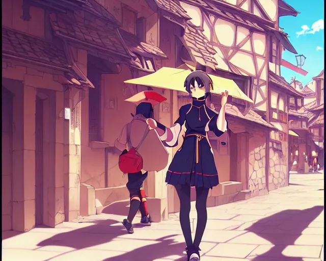 Prompt: anime visual, portrait of a young female walking through a busy medieval village, yoshinari yoh, dynamic pose, dynamic perspective, detailed silhouette, cel shaded anime