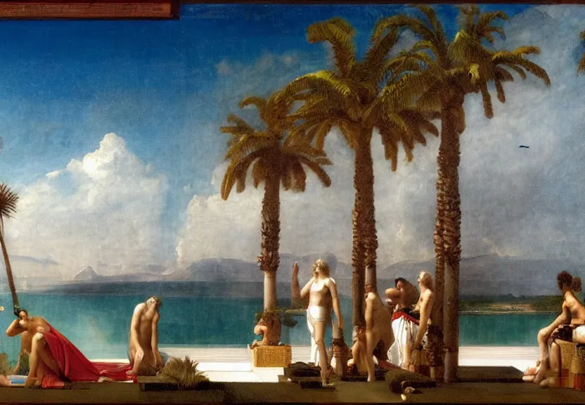 Image similar to Palace floating in the sky, caravels, thunderstorm, greek pool, beach and palm trees on the background major arcana sky, by paul delaroche, hyperrealistic 4k uhd, award-winning, very very very detailed