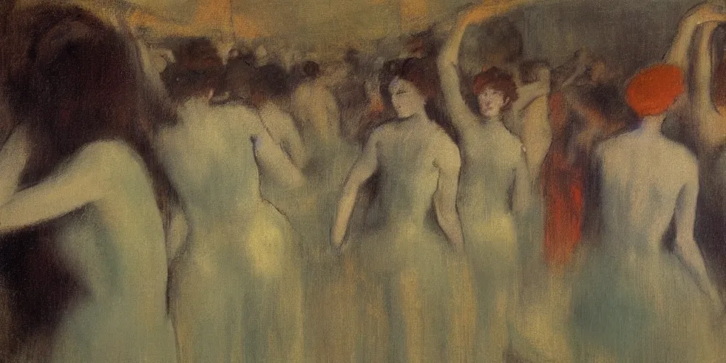 Image similar to an audience full of tall terrifying aliens in robes. They are watching a human ballet. in the victorian era. in the style of an impressionist painting. in the style of edgar degas.