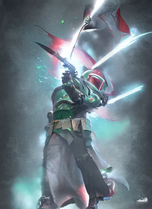 Image similar to arcane wizard x boba fett, 3 d digital art, character mashup, epic volumetric lighting, combination art, photorealistic