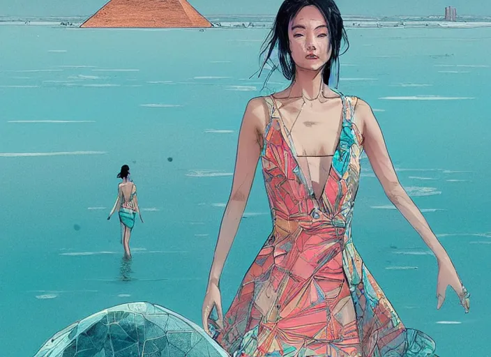 Image similar to lee jin - eun in luxurious dress emerging from turquoise water in egyptian pyramid city during an eclipse by conrad roset, m. k. kaluta, martine johanna, rule of thirds, elegant look, beautiful, chic