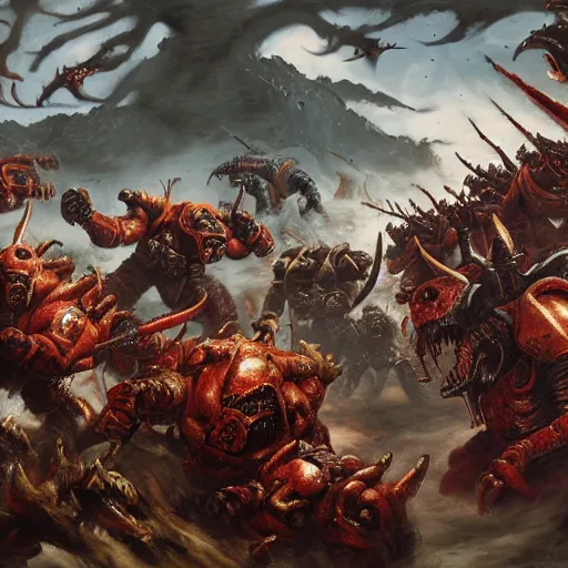 Image similar to space marines fighting off a horde of tyranids, 4k digital art, Doom, hyper realistic, HD, Warhammer40k