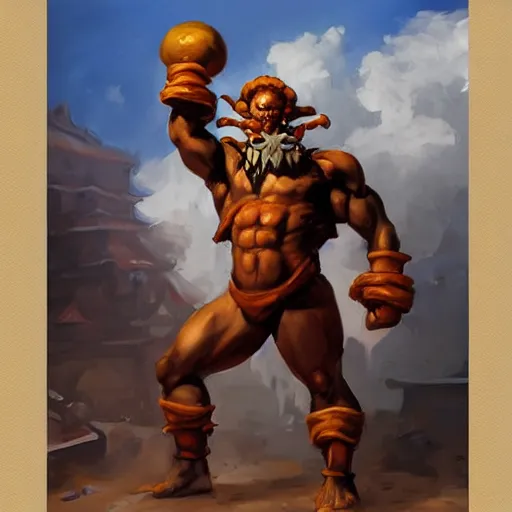 Image similar to greg manchess portrait painting of partially armored dhalsim from street fighter as overwatch character, medium shot, asymmetrical, profile picture, organic painting, sunny day, matte painting, bold shapes, hard edges, street art, trending on artstation, by huang guangjian and gil elvgren and gerald brom