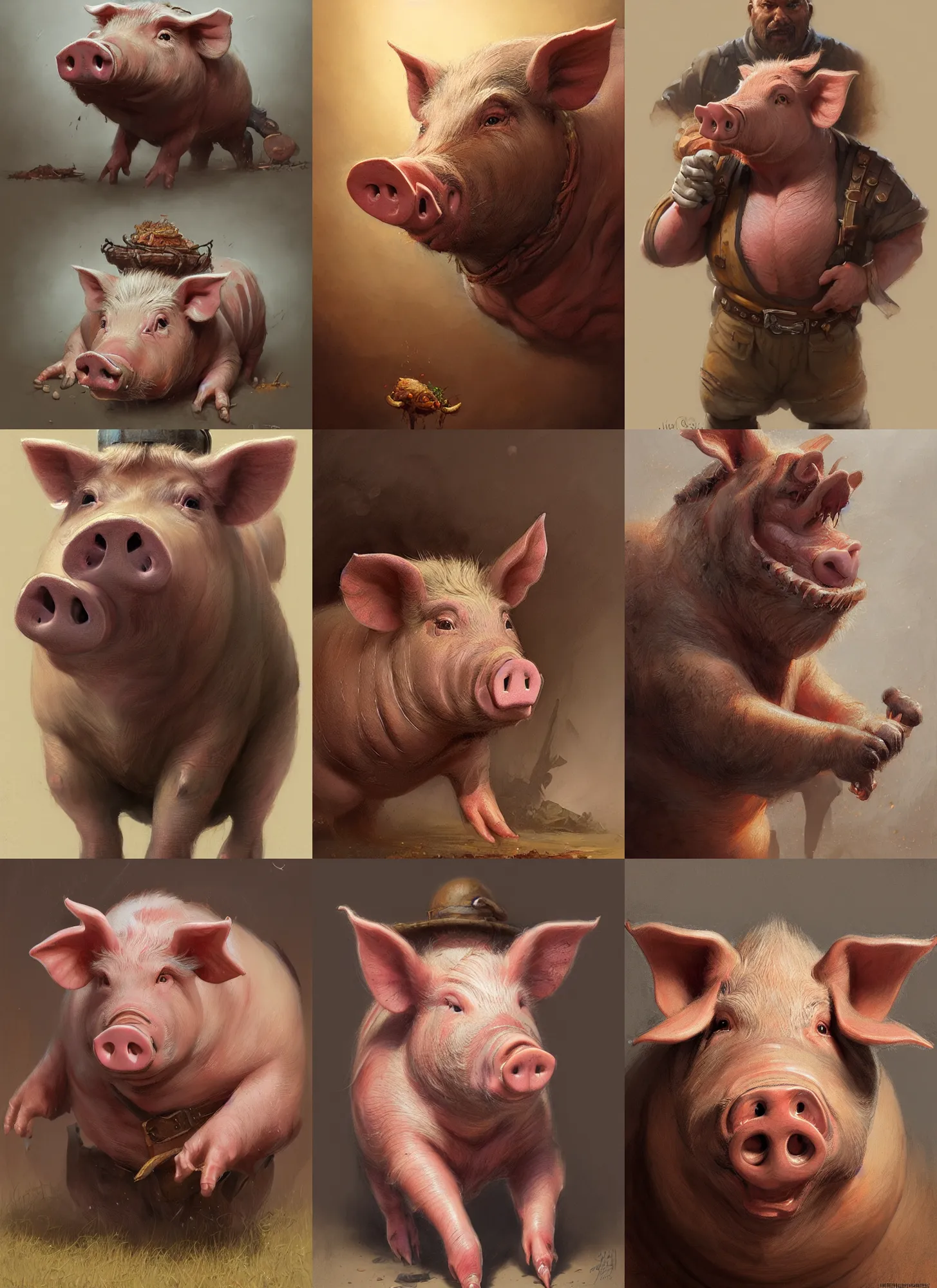 Prompt: a detailed portrait and full body of a butcher pig, by justin gerard and greg rutkowski, digital art, realistic painting, dnd, character design, donato giancola and greg rutkowski, realistic face, digital art, trending on artstation