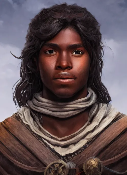 Prompt: An epic fantasy comic book style portrait painting of a young dark skinned long haired boy in plain peasant clothes with intelligent eyes in the style of the wheel of time, unreal 5, DAZ, hyperrealistic, octane render, cosplay, RPG portrait, dynamic lighting