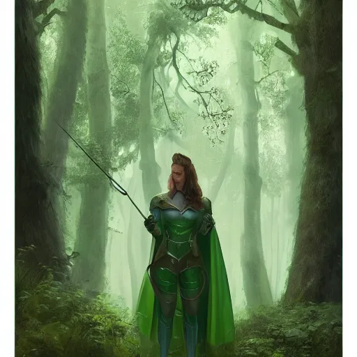 Image similar to an woman with a green cape and hunter bow wearing iron armor in the middle of an forest, Matte painting , detailed painting, greg rutkowski