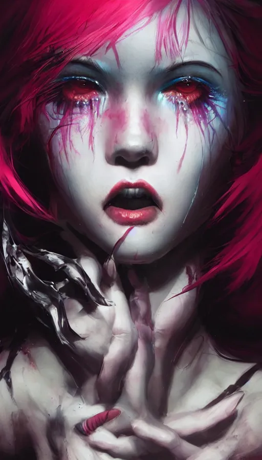 Image similar to shot of fiesty girl with pouty aerochrome ( ( ( lips ) ) ), powerful, adorable, expressive eyes, big evil grin, kawaii playful pose of a dancer, greg rutkowski, charlie bowater, yuumei, stephen gammell, unreal 5, daz, hyperrealistic, dark, dynamic lighting, fantasy art, beautiful face