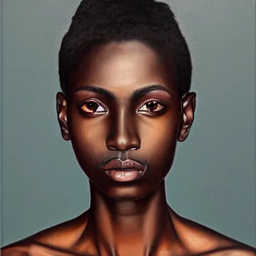 Image similar to A portrait of a thin trendy and gorgeous non-binary person, dark black skin tone, oil painting, majestic, detailed, high resolution