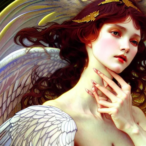 Image similar to Winged girl angel, fantasy, intricate, elegant, highly detailed, digital painting, artstation, concept art, smooth, sharp focus, illustration, art by John Collier and Wenqing Yan and Alphonse Mucha