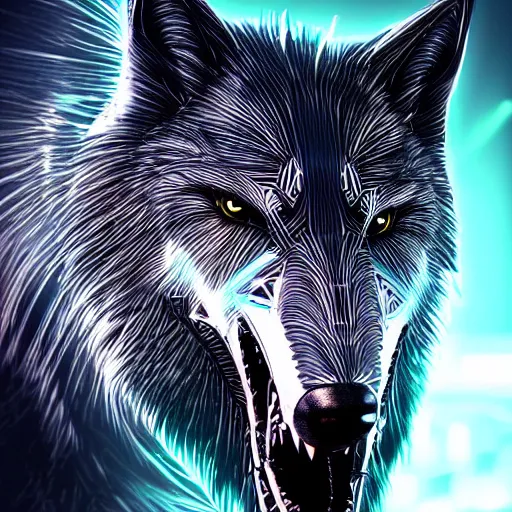 Image similar to face of a cybernetic wolf, futuristic, cyberpunk, symmetric, digital illustration, photo - realistic, macro, extremely detailed, vivid, neon, dramatic lighting, intricate details