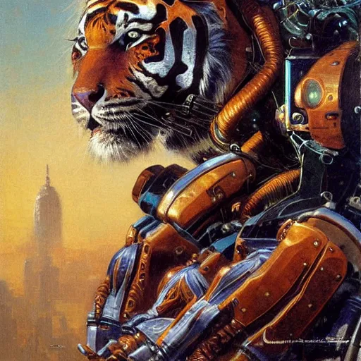 Prompt: highly detailed portrait of a robotic humanoid tiger mecha, painting by gaston bussiere, craig mullins, j. c. leyendecker, lights, art by ernst haeckel, john william godward, hammershøi, alex grey, dmt