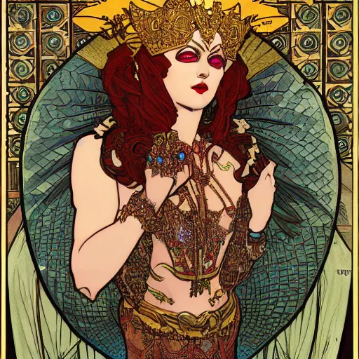 Prompt: Portrait Batman ancient biblical, sultry, sneering, evil, pagan, wicked, queen jezebel, wearing gilded ribes, highly detailed, masterpiece 8K digital illustration, art by Mucha, highly detailed