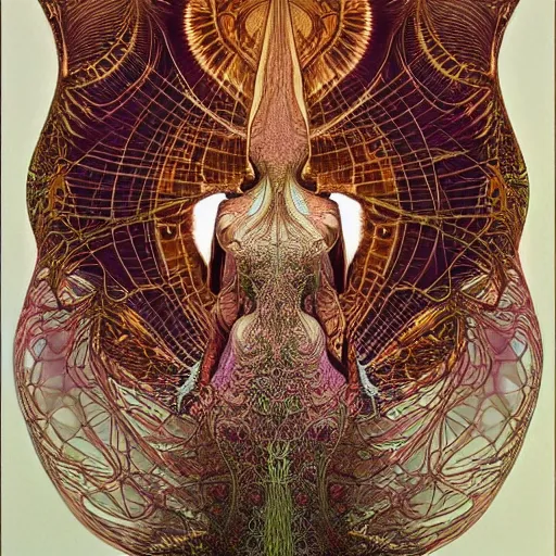 Image similar to dmt healer by alexander mcqueen, zdzisław beksinski and alphonse mucha. highly detailed, hyper - real, very beautiful, intricate fractal details, very complex, opulent, epic, mysterious, trending on deviantart and artstation, polished and minimalist redesign by zaha hadid and iris van herpen