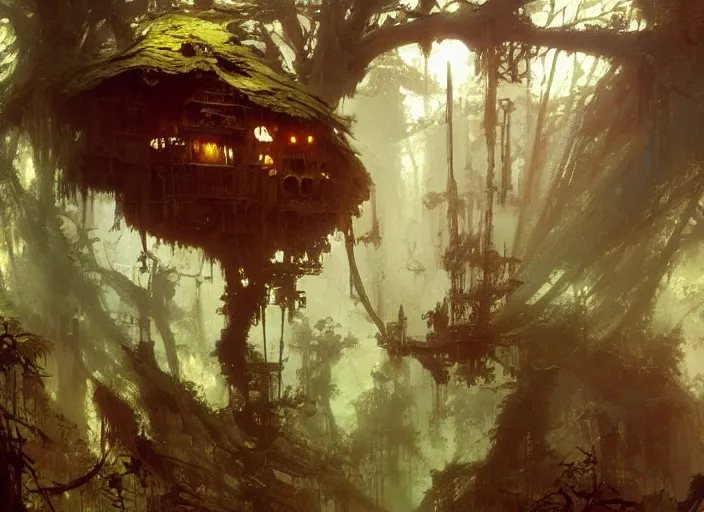 Image similar to treehouse interior, intricate, elegant, highly detailed, vivid colors, john harris, frazetta, tyrus wong, ruan jia, jeffrey catherine jones